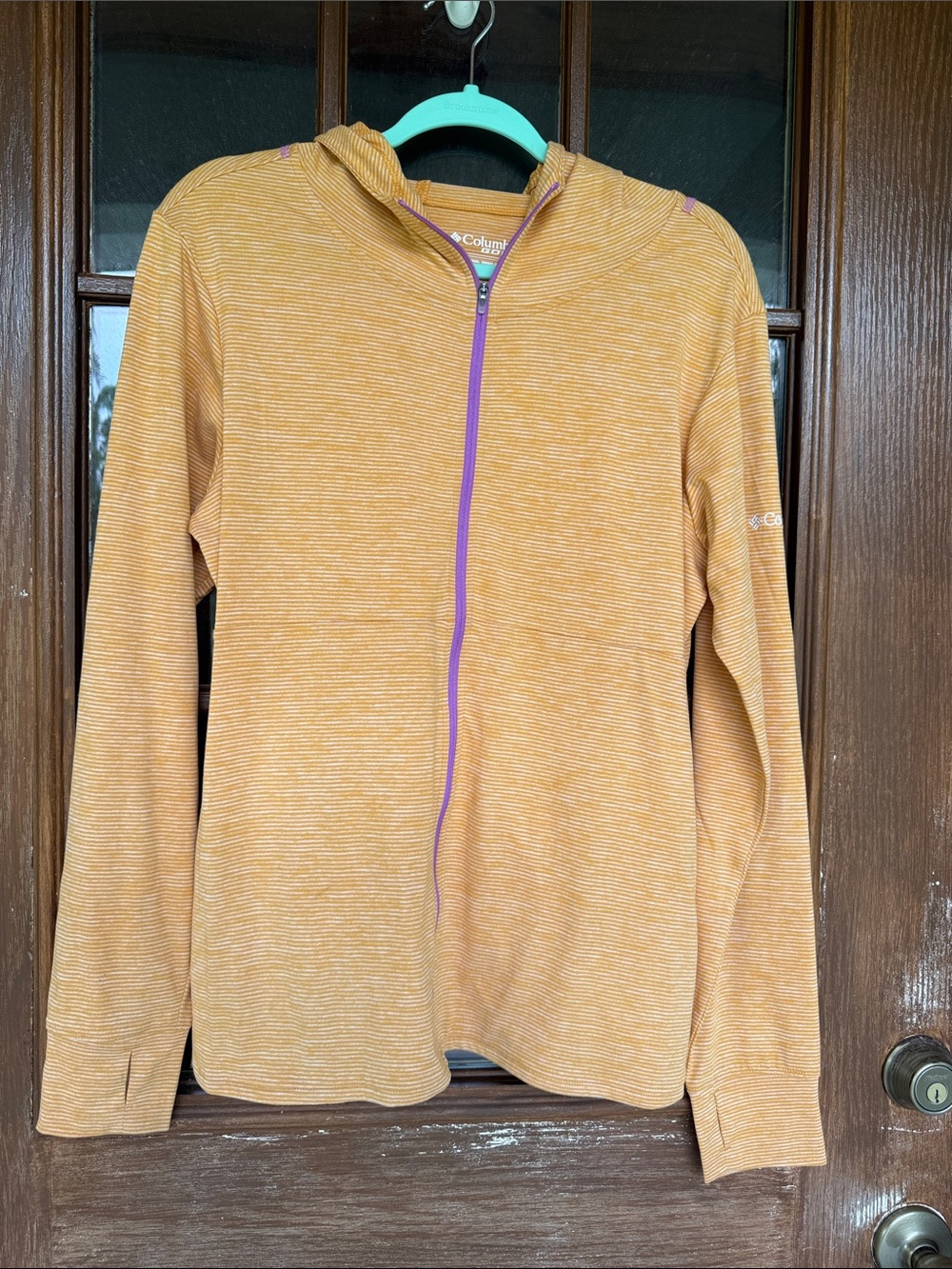 Columbia Women's Mustard Hooded Zip Cardigan with Purple Trim